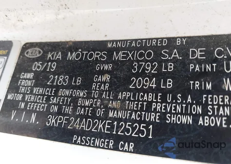 2019 Kia Forte Lxs from USA, damaged, VIN 3KPF24AD2KE125251